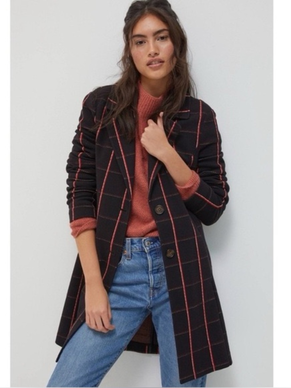 Anthropologie Avec Les Filles Longline Sigrid Blazer Windowpane Check Preppy XL